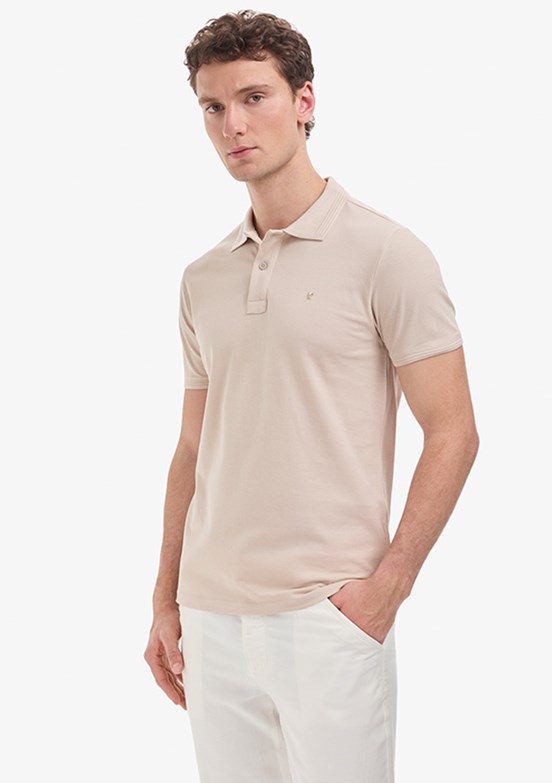 PİERRE CARDİN - Erkek Bej Basic T-Shirt