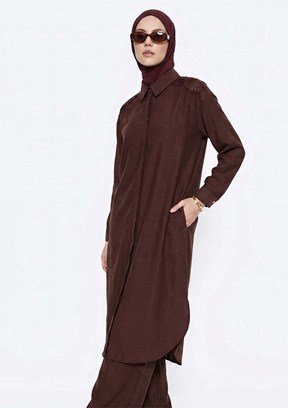 ARMİNE - 26YT665 Kadım Kızıl Kahve Pantolon Takım