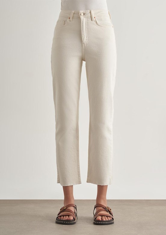 MİZALLE - M1MZ1010130174 Kadın Ekru Dar Kesim Kesik Paçalı Mom Fit Jean Pantolon