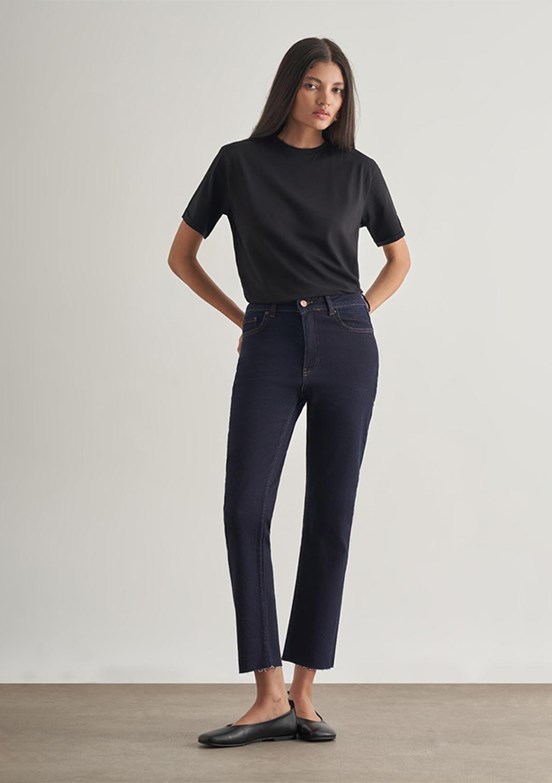MİZALLE - M1MZ1010130174 Kadın Lacivert Dar Kesim Kesik Paçalı Mom Fit Jean Pantolon