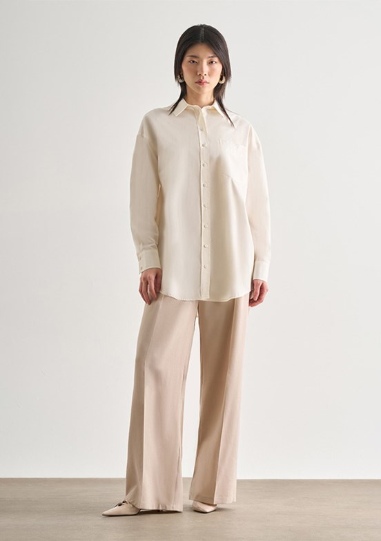 MİZALLE - M2MZ1030130072 Kadın Ekru Premium Saf Pamuk Oversize Gömlek