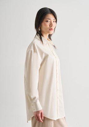 MİZALLE - M2MZ1030130072 Kadın Ekru Premium Saf Pamuk Oversize Gömlek
