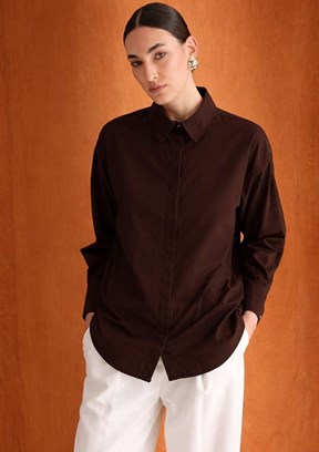 MİZALLE - M2MZ1030130093 Kadın Kahverengi Pamuklu Oversize Gömlek
