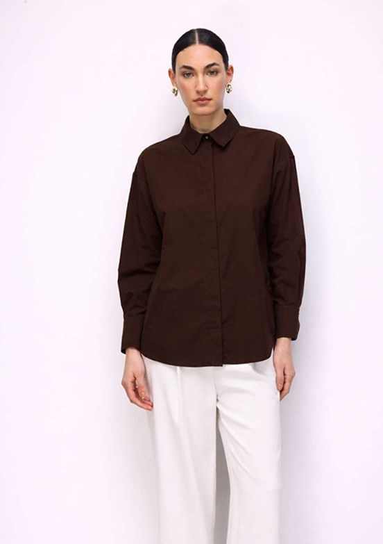 MİZALLE - M2MZ1030130093 Kadın Kahverengi Pamuklu Oversize Gömlek