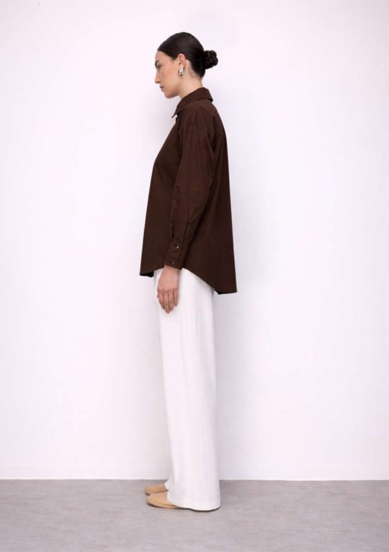 MİZALLE - M2MZ1030130093 Kadın Kahverengi Pamuklu Oversize Gömlek