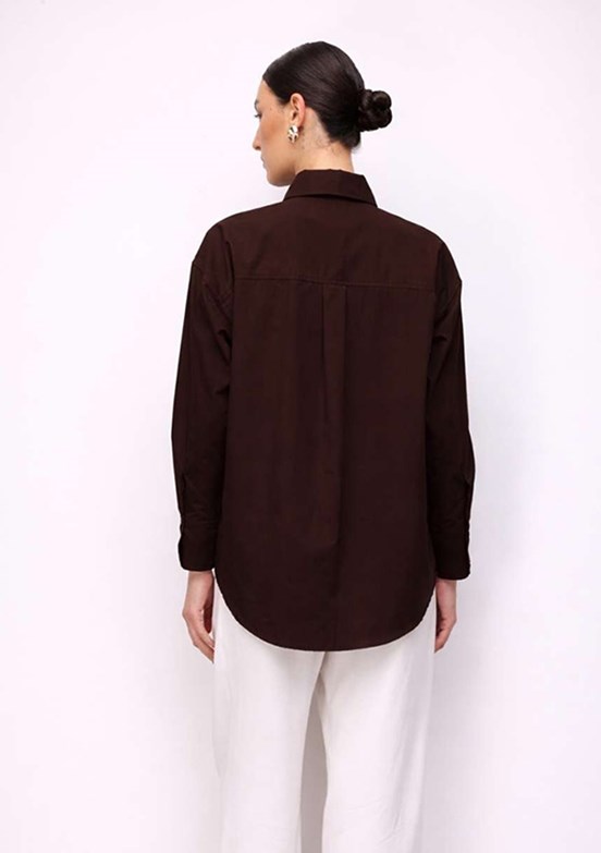 MİZALLE - M2MZ1030130093 Kadın Kahverengi Pamuklu Oversize Gömlek