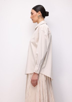 MİZALLE - M2MZ1030130093 Kadın Bej Pamuklu Oversize Gömlek