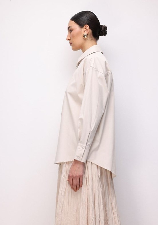 MİZALLE - M2MZ1030130093 Kadın Bej Pamuklu Oversize Gömlek