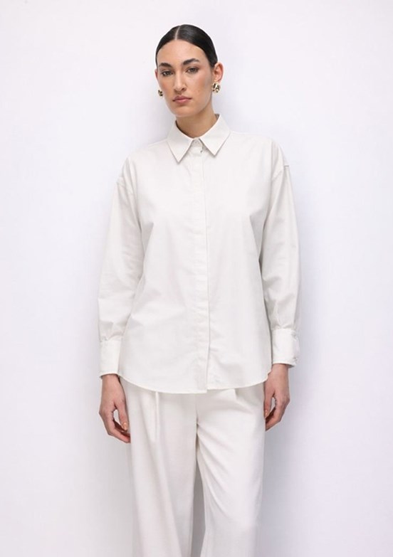 MİZALLE - M2MZ1030130093 Kadın Beyaz Pamuklu Oversize Gömlek