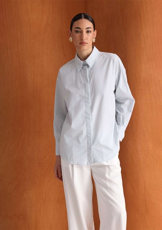 MİZALLE - M2MZ1030130093 Kadın Mavi Pamuklu Oversize Gömlek