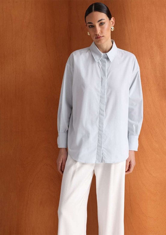 MİZALLE - M2MZ1030130093 Kadın Mavi Pamuklu Oversize Gömlek