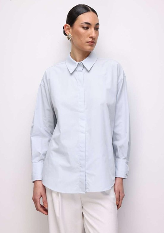 MİZALLE - M2MZ1030130093 Kadın Mavi Pamuklu Oversize Gömlek