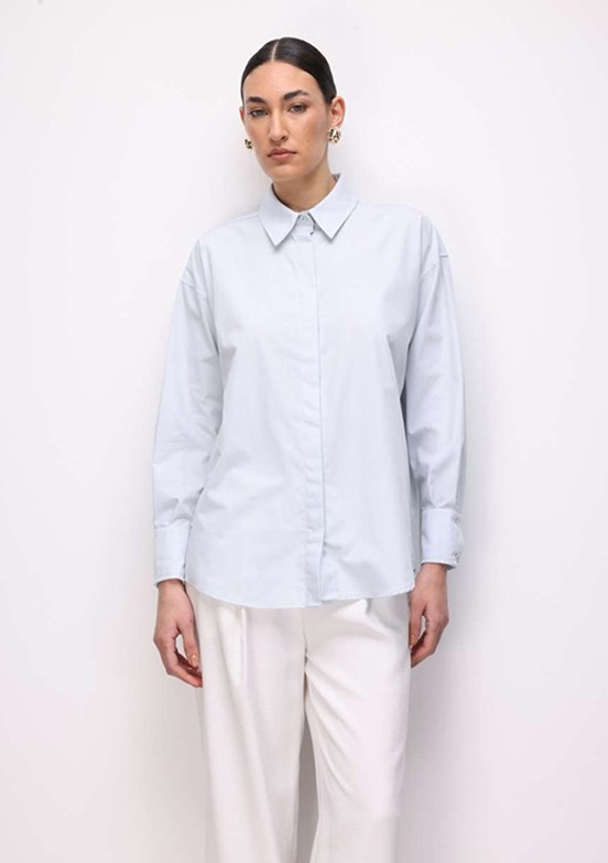 MİZALLE - M2MZ1030130093 Kadın Mavi Pamuklu Oversize Gömlek