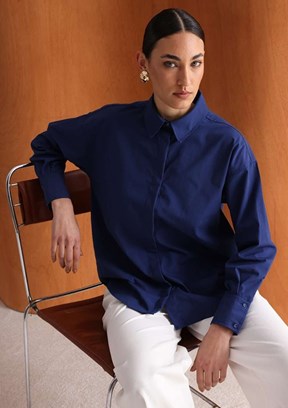 MİZALLE - M2MZ1030130093 Kadın Lacivert Pamuklu Oversize Gömlek
