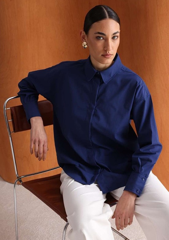 MİZALLE - M2MZ1030130093 Kadın Lacivert Pamuklu Oversize Gömlek