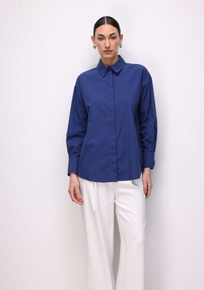 MİZALLE - M2MZ1030130093 Kadın Lacivert Pamuklu Oversize Gömlek