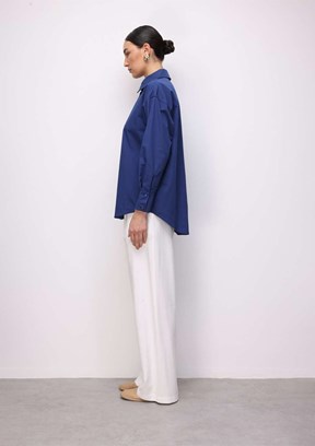 MİZALLE - M2MZ1030130093 Kadın Lacivert Pamuklu Oversize Gömlek