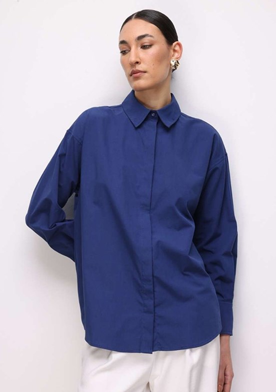 MİZALLE - M2MZ1030130093 Kadın Lacivert Pamuklu Oversize Gömlek