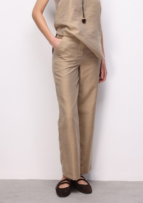 MİZALLE - M2MZ1010130256 Kadın Bej Normal Geniş Paça Basic pantolon