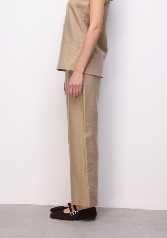 MİZALLE - M2MZ1010130256 Kadın Bej Normal Geniş Paça Basic pantolon