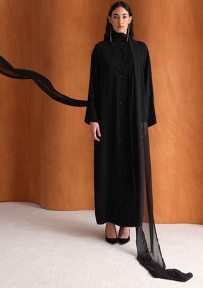 MİZALLE - M2MZ1030100129 Kadın Siyah Boncuk Nakışlı Abaya Elbise
