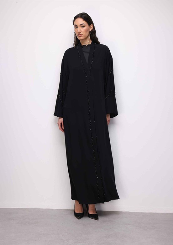 MİZALLE - M2MZ1030100129 Kadın Siyah Boncuk Nakışlı Abaya Elbise