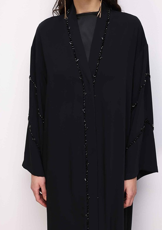 MİZALLE - M2MZ1030100129 Kadın Siyah Boncuk Nakışlı Abaya Elbise