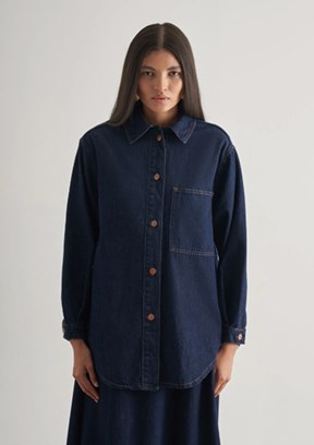 MİZALLE - M2MZ1030210230 Kadın Lacivert Oversize Düğmeli Denim Tunik