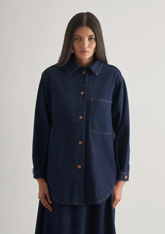 MİZALLE - M2MZ1030210230 Kadın Lacivert Oversize Düğmeli Denim Tunik