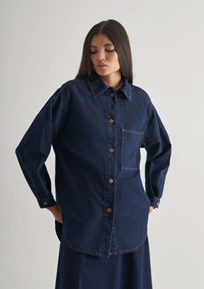 MİZALLE - M2MZ1030210230 Kadın Lacivert Oversize Düğmeli Denim Tunik