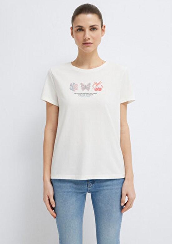 MAVİ M1613744-80194 Kadın Beyaz Baskılı T-Shirt