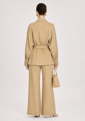 MİZALLE - M2MZ1030210251 Kadın Bej Keten Dokulu Yarasa Kol Kemerli Tunik