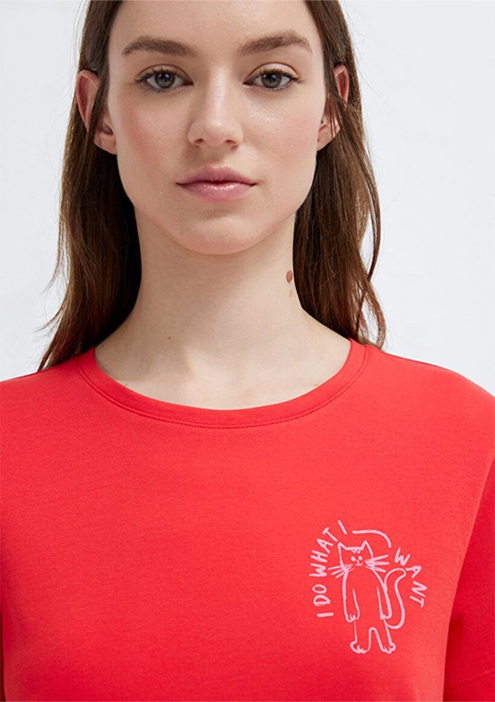 MAVİ - M1613873-71083 Kadın Nar Çiçeği Baskılı T-Shirt