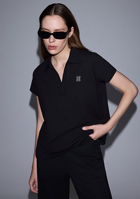 PİERRE CARDİN - Kadın Siyah Polo Yaka T-Shirt