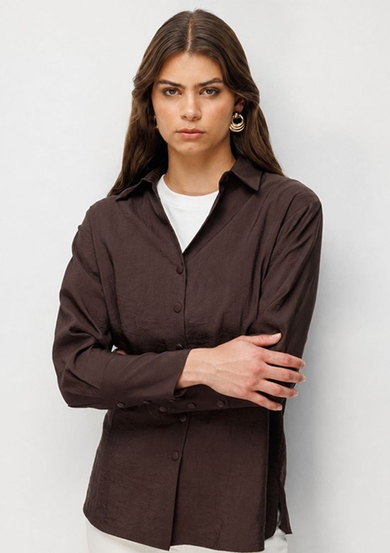MİZALLE - M2MZ1030130096 Kadın Kahverengi Geniş Manşet Detaylı Düğmeli Tunik