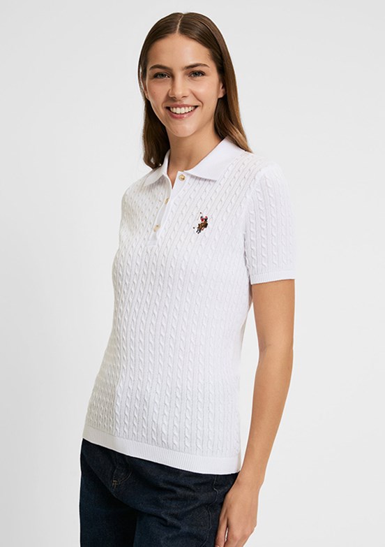 US POLO ASSN - Kadın Beyaz Polo Yaka Kazak